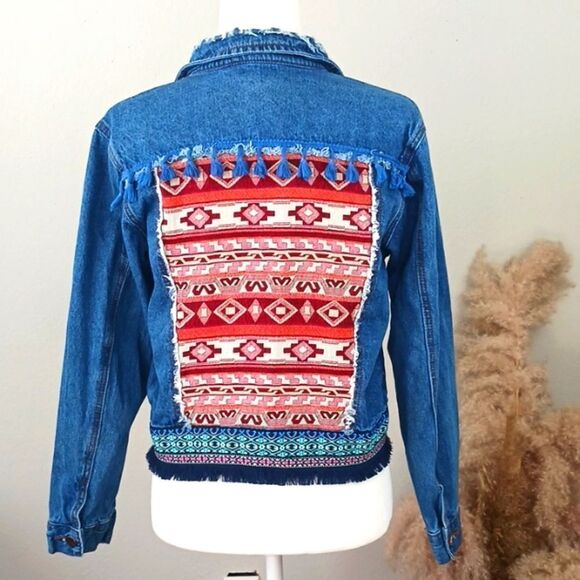 Denim land Paris Collection Women's boho fringe button-up Jean jacket sz large - Picture 8 of 14